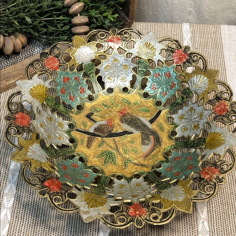 Vintage Penco Industries Inc Brass Painted Floral Pedestal Bowl Dish